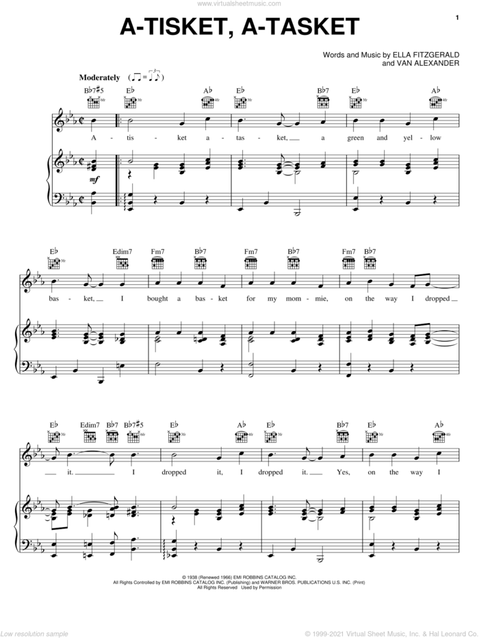 A-Tisket, A-Tasket sheet music for voice, piano or guitar by Ella Fitzgerald and Van Alexander, intermediate skill level