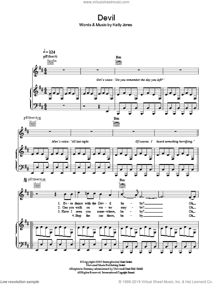 Devil sheet music for voice, piano or guitar by Stereophonics and Kelly Jones, intermediate skill level