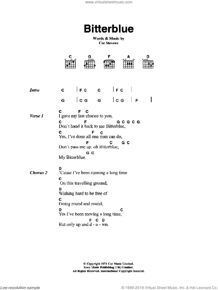 Bitterblue sheet music for guitar (chords) by Cat Stevens, intermediate skill level