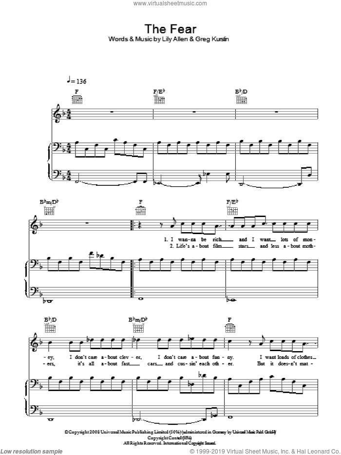 The Fear sheet music for voice, piano or guitar by Lily Allen and Greg Kurstin, intermediate skill level