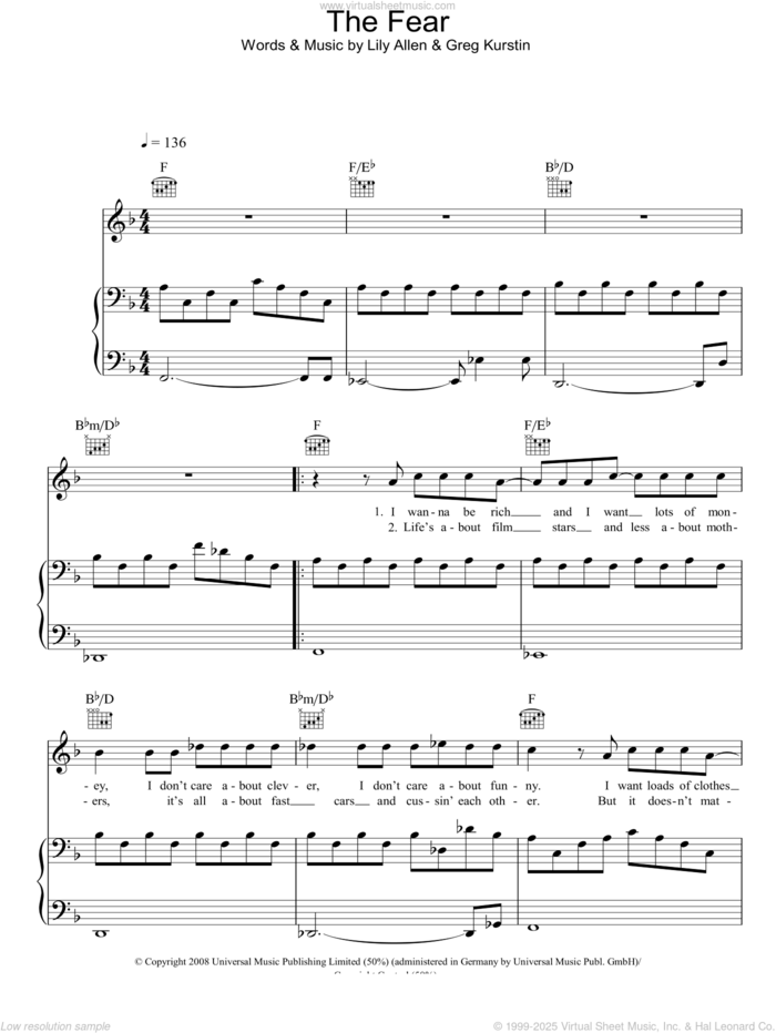 The Fear sheet music for voice, piano or guitar by Lily Allen and Greg Kurstin, intermediate skill level