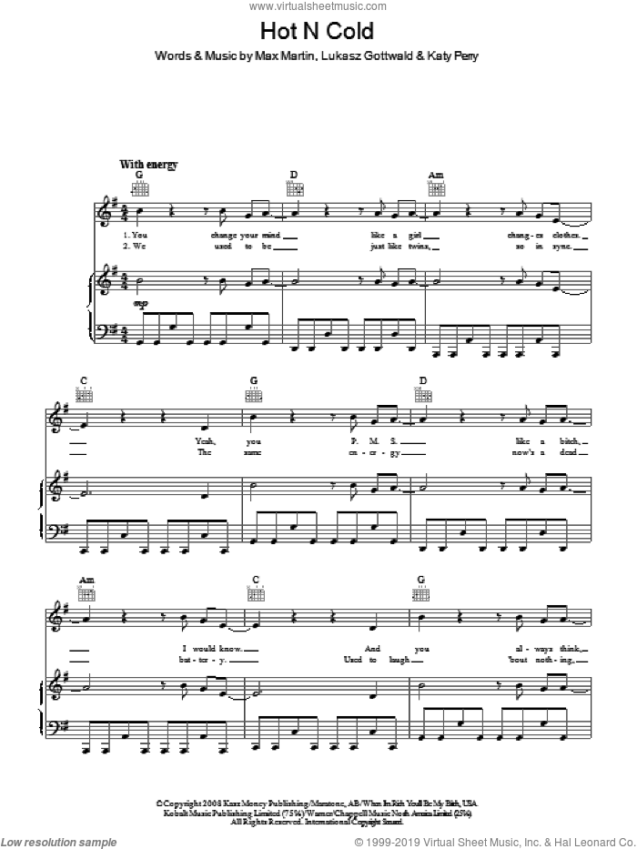 Hot N Cold sheet music for voice, piano or guitar by Katy Perry, Lukasz Gottwald and Max Martin, intermediate skill level