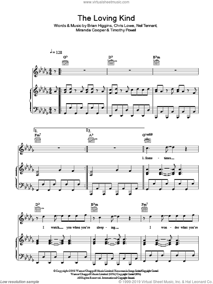 The Loving Kind sheet music for voice, piano or guitar by Girls Aloud, Brian Higgins, Chris Lowe, Miranda Cooper, Neil Tennant and Timothy Powell, intermediate skill level