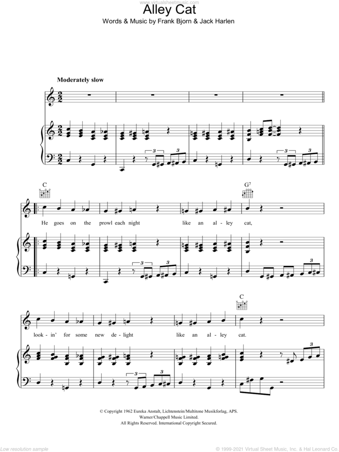 Alley Cat sheet music for voice, piano or guitar by Peggy Lee, Frank Bjorn and Jack Harlen, intermediate skill level