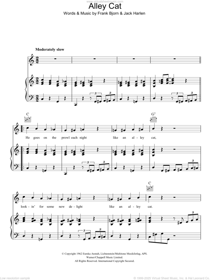 Alley Cat sheet music for voice, piano or guitar by Peggy Lee, Frank Bjorn and Jack Harlen, intermediate skill level