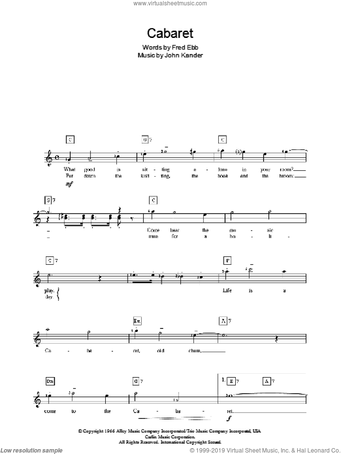 Cabaret sheet music for piano solo (chords, lyrics, melody) by Liza Minnelli, Cabaret (Musical), Kander & Ebb, Fred Ebb and John Kander, intermediate piano (chords, lyrics, melody)