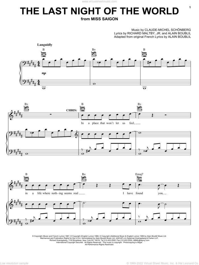 The Last Night Of The World (from Miss Saigon) sheet music for voice, piano or guitar by Claude-Michel Schonberg, Miss Saigon (Musical), Alain Boublil, Boublil and Schonberg and Richard Maltby, Jr., intermediate skill level