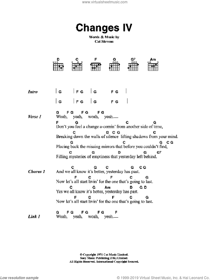 Changes IV sheet music for guitar (chords) by Cat Stevens, intermediate skill level