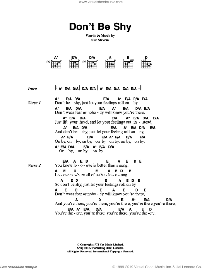 Don't Be Shy sheet music for guitar (chords) by Cat Stevens, intermediate skill level