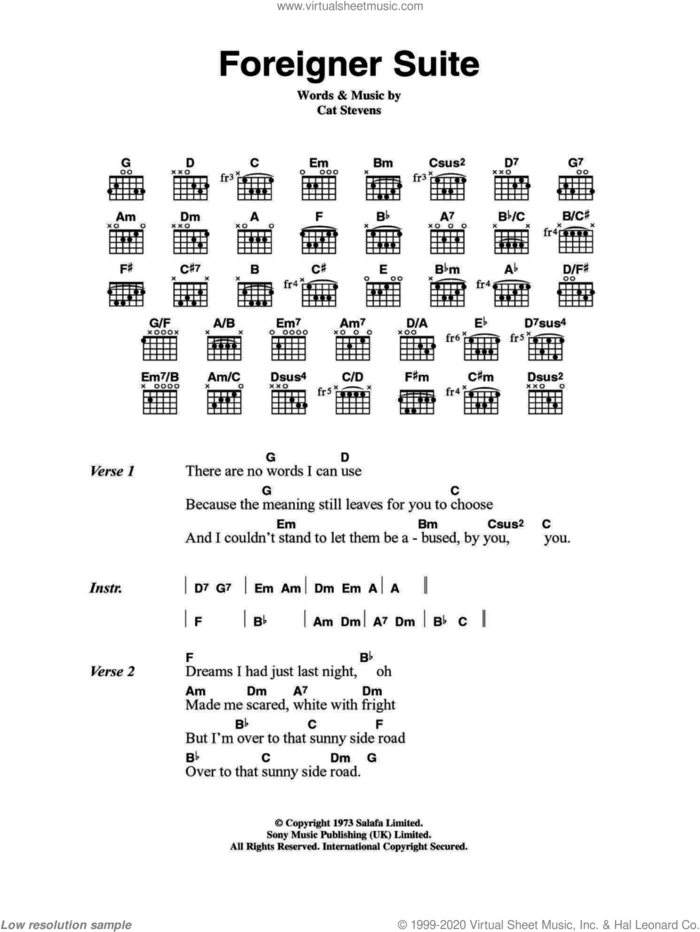 Foreigner Suite sheet music for guitar (chords) by Cat Stevens, intermediate skill level
