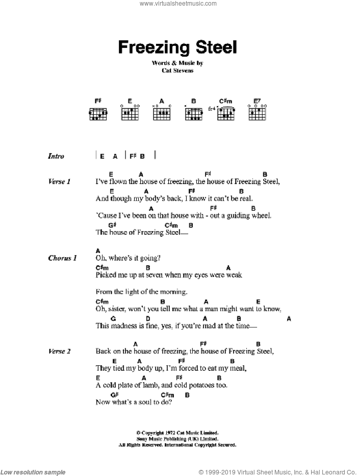 Freezing Steel sheet music for guitar (chords) by Cat Stevens, intermediate skill level