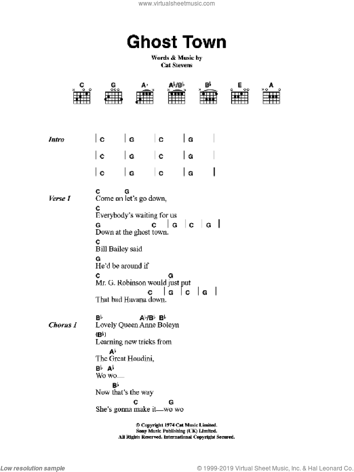 Ghost Town sheet music for guitar (chords) by Cat Stevens, intermediate skill level