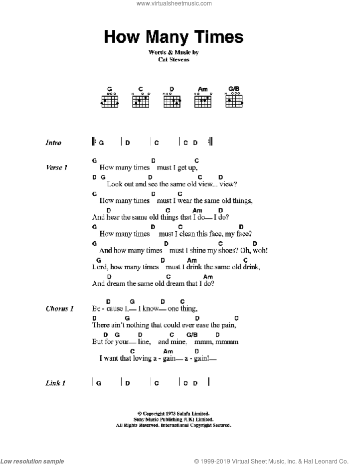 How Many Times sheet music for guitar (chords) by Cat Stevens, intermediate skill level