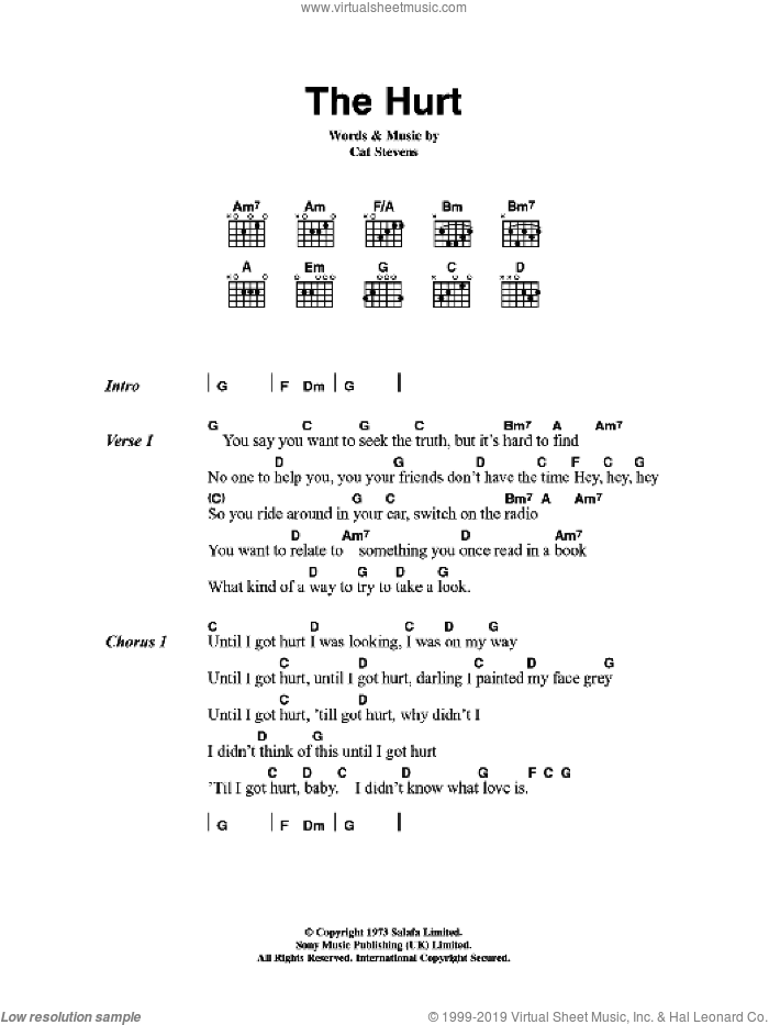 The Hurt sheet music for guitar (chords) by Cat Stevens, intermediate skill level