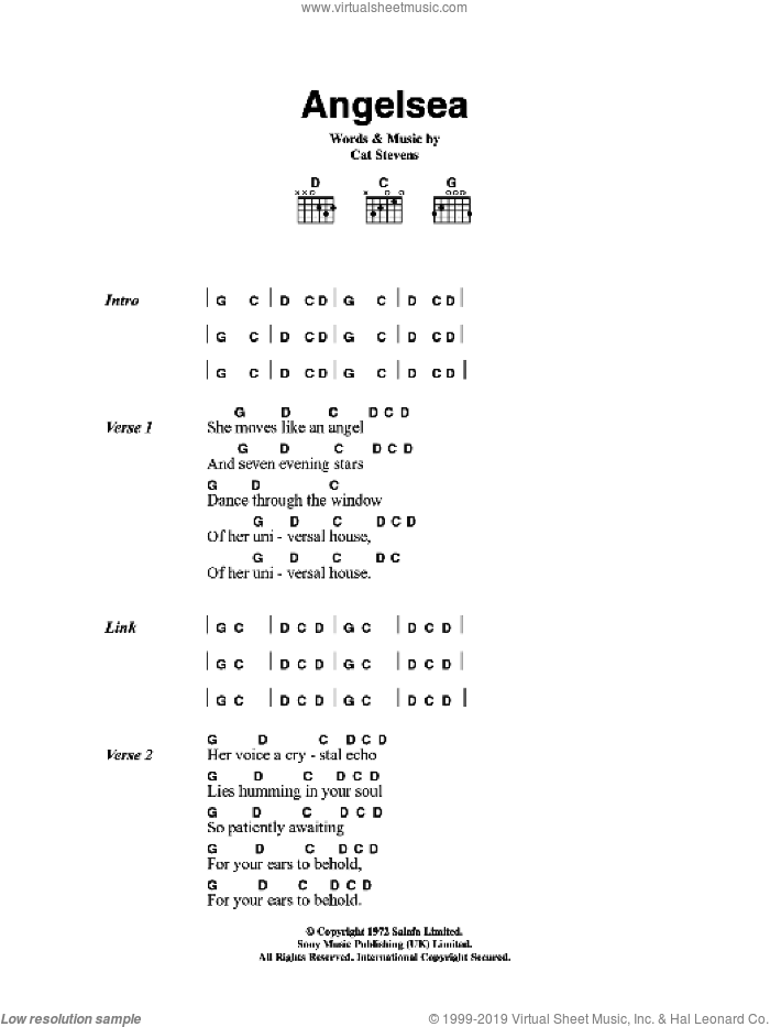 Angelsea sheet music for guitar (chords) by Cat Stevens, intermediate skill level