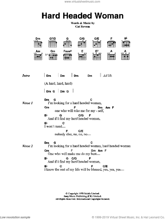 Hard Headed Woman sheet music for guitar (chords) by Cat Stevens, intermediate skill level