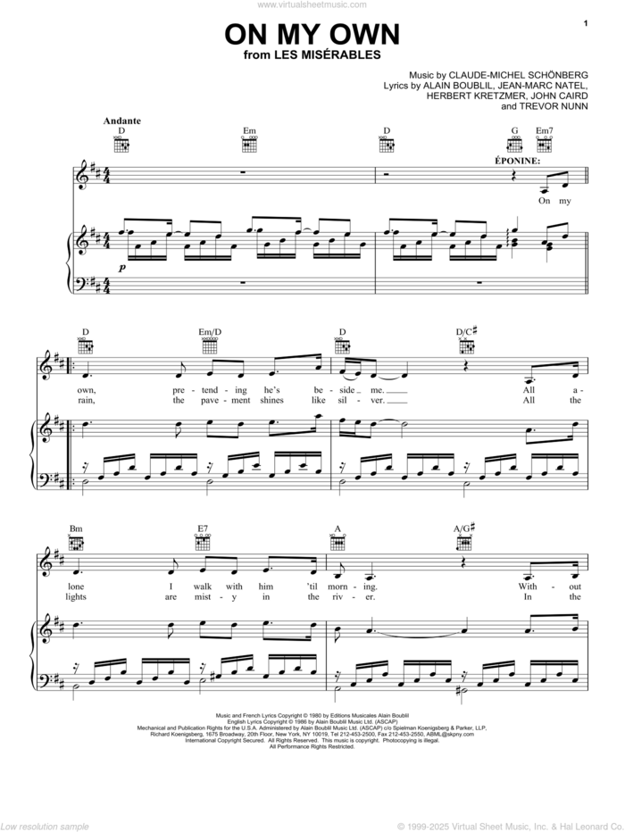 On My Own (from Les Miserables) sheet music for voice, piano or guitar by Alain Boublil, Les Miserables (Musical), Claude-Michel Schonberg, Herbert Kretzmer, Jean-Marc Natel, John Caird and Trevor Nunn, intermediate skill level