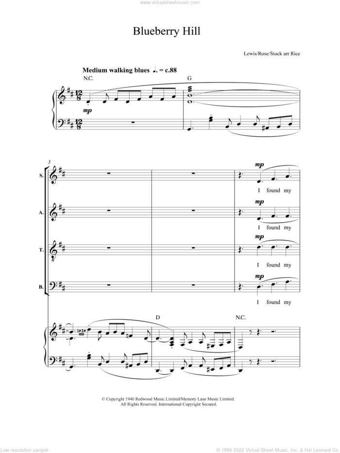 Blueberry Hill sheet music for choir (SATB: soprano, alto, tenor, bass) by Fats Domino, Al Lewis, Larry Stock and Vincent Rose, intermediate skill level