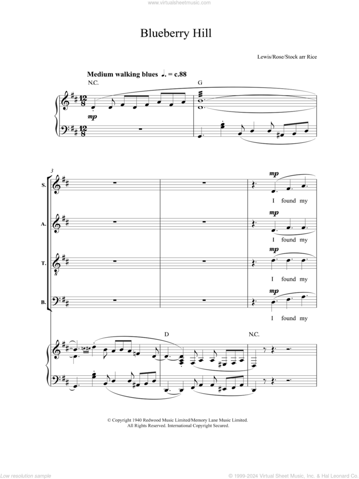 Blueberry Hill sheet music for choir (SATB: soprano, alto, tenor, bass) by Fats Domino, Al Lewis, Larry Stock and Vincent Rose, intermediate skill level