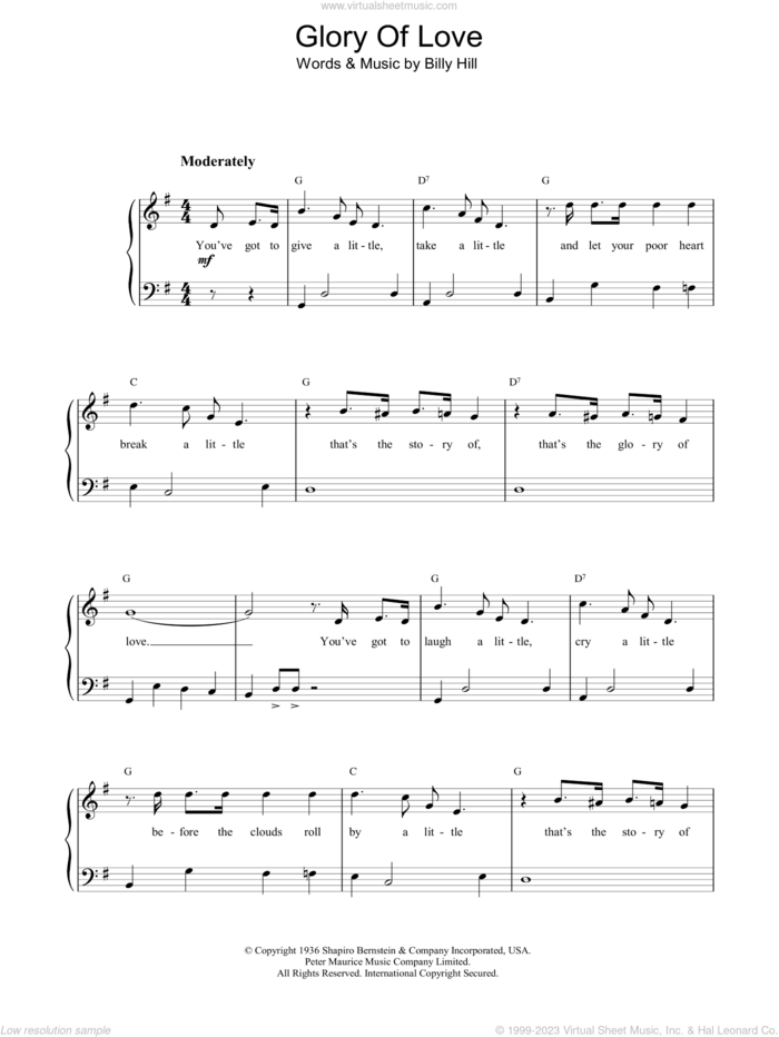 The Glory Of Love sheet music for piano solo by Bette Midler and Billy Hill, intermediate skill level