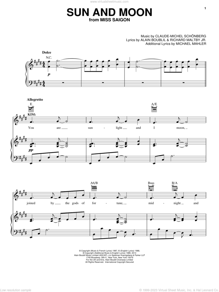 Sun And Moon sheet music for voice, piano or guitar by Claude-Michel Schonberg, Miss Saigon (Musical), Alain Boublil and Richard Maltby, Jr., intermediate skill level