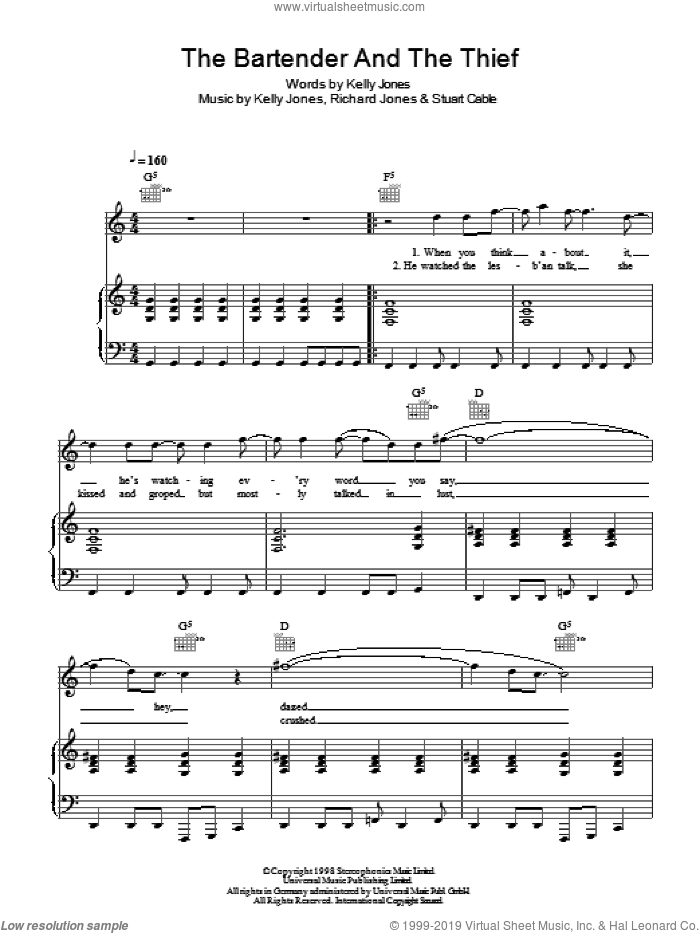 The Bartender And The Thief sheet music for voice, piano or guitar by Stereophonics, Kelly Jones, Richard Jones and Stuart Cable, intermediate skill level