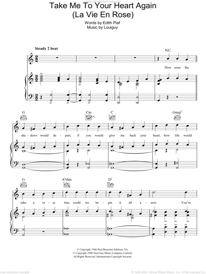 Take Me To Your Heart Again (La Vie En Rose) sheet music for voice, piano or guitar by Edith Piaf and Marcel Louiguy, intermediate skill level
