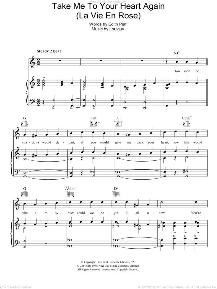 Take Me To Your Heart Again (La Vie En Rose) sheet music for voice, piano or guitar by Edith Piaf and Marcel Louiguy, intermediate skill level