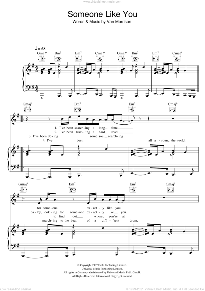 Someone Like You sheet music for voice, piano or guitar by Van Morrison, wedding score, intermediate skill level