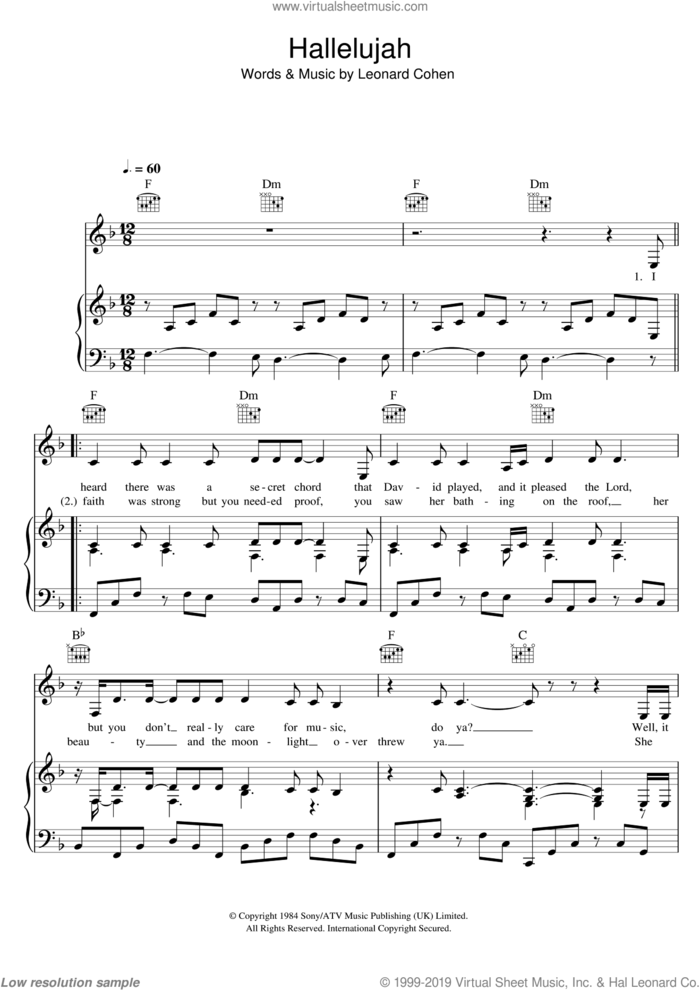 Hallelujah sheet music for voice, piano or guitar by Alexandra Burke and Leonard Cohen, intermediate skill level