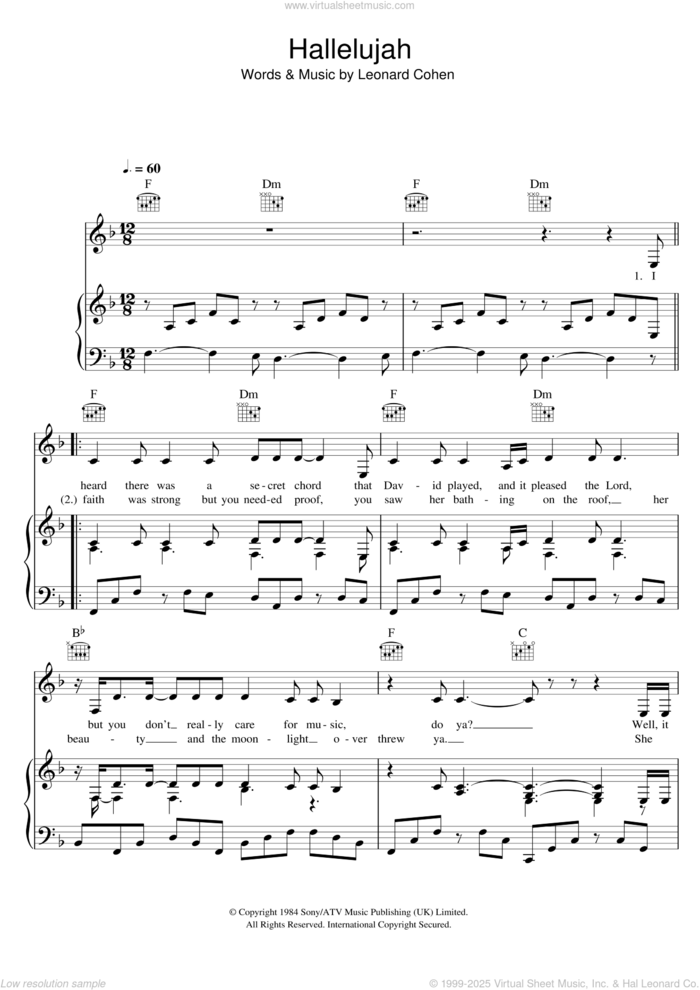 Hallelujah sheet music for voice, piano or guitar by Alexandra Burke and Leonard Cohen, intermediate skill level