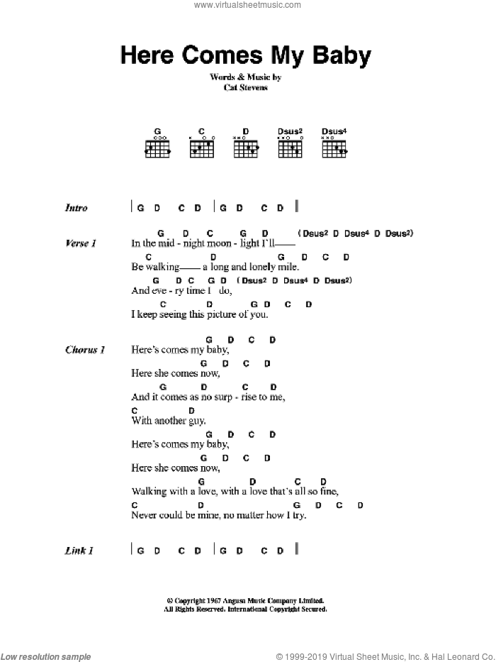 Here Comes My Baby sheet music for guitar (chords) by Cat Stevens, intermediate skill level