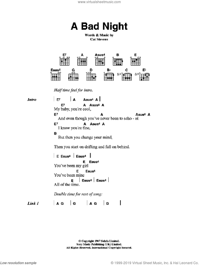 A Bad Night sheet music for guitar (chords) by Cat Stevens, intermediate skill level
