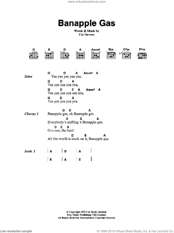 Banapple Gas sheet music for guitar (chords) by Cat Stevens, intermediate skill level