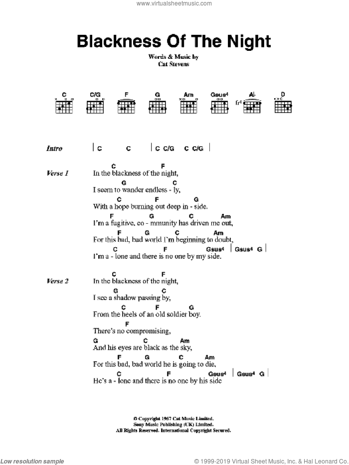 Blackness Of The Night sheet music for guitar (chords) by Cat Stevens, intermediate skill level