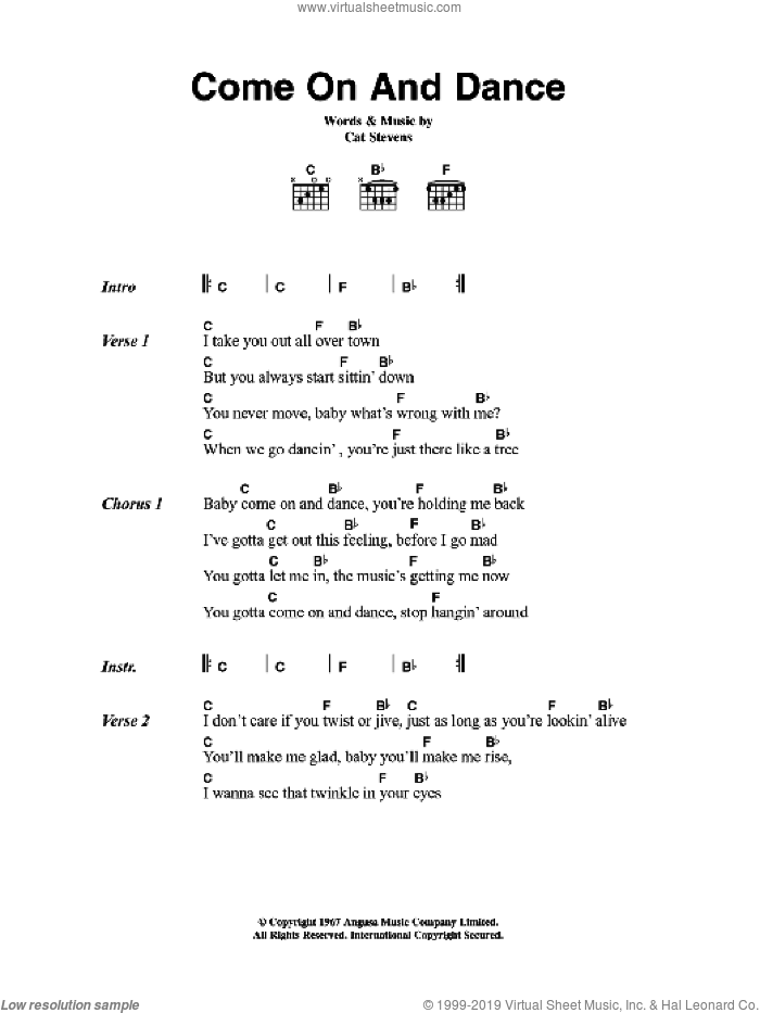 Come On And Dance sheet music for guitar (chords) by Cat Stevens, intermediate skill level