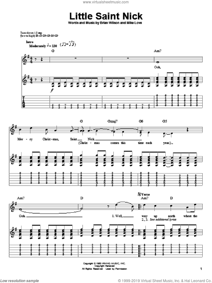 Little Saint Nick sheet music for guitar (tablature, play-along) by The Beach Boys, Brian Wilson and Mike Love, intermediate skill level