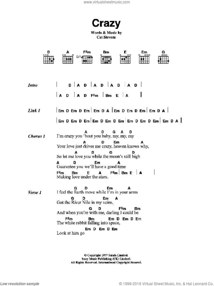 Crazy sheet music for guitar (chords) by Cat Stevens, intermediate skill level