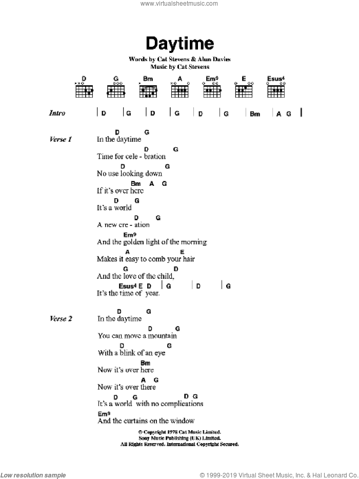 Daytime sheet music for guitar (chords) by Cat Stevens and Alun Davies, intermediate skill level