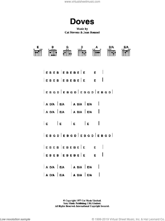 Doves sheet music for guitar (chords) by Cat Stevens and Jean Roussel, intermediate skill level