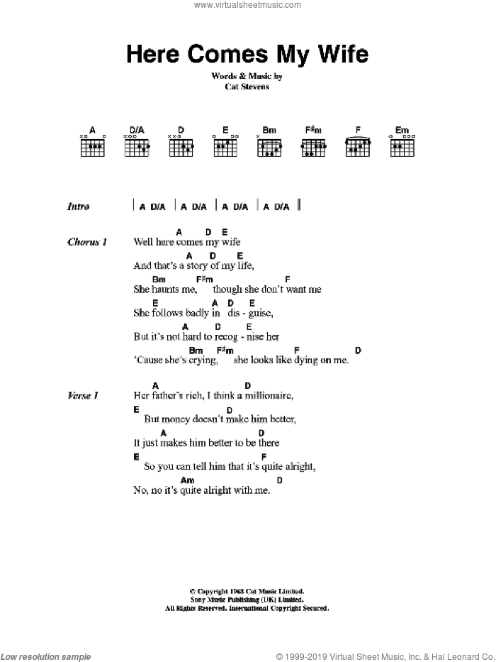 Here Comes My Wife sheet music for guitar (chords) by Cat Stevens, intermediate skill level