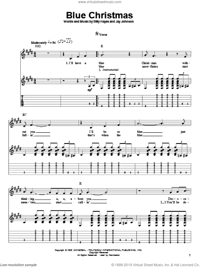 Blue Christmas sheet music for guitar (tablature, play-along) by Elvis Presley, Billy Hayes and Jay Johnson, intermediate skill level