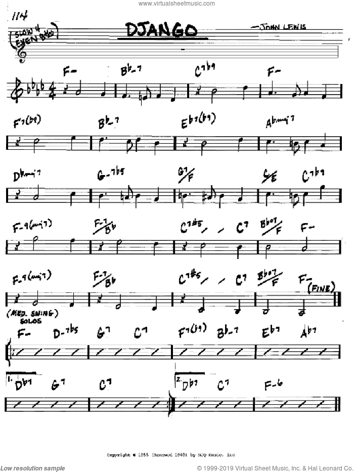 Django sheet music for voice and other instruments (in C) by John Lewis, intermediate skill level