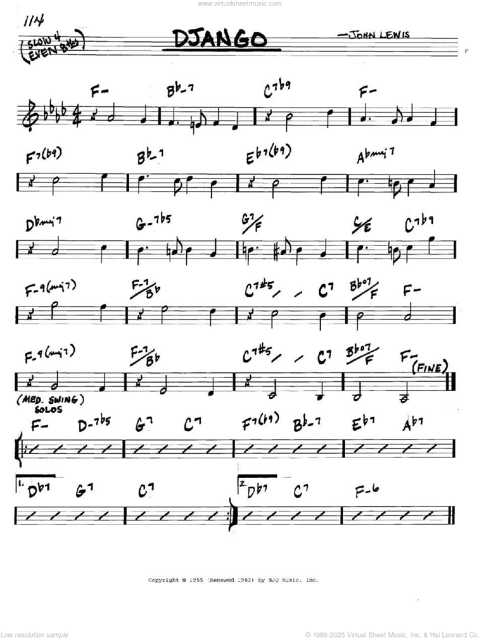 Django sheet music for voice and other instruments (in C) by John Lewis, intermediate skill level