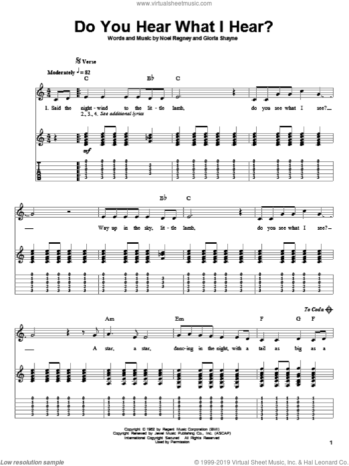 Do You Hear What I Hear sheet music for guitar (tablature, play-along) by Gloria Shayne and Noel Regney, intermediate skill level