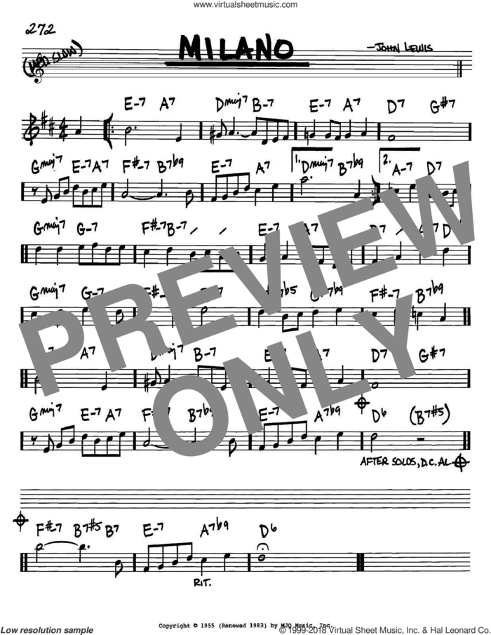 Milano sheet music for voice and other instruments (in Bb) by John Lewis, intermediate skill level