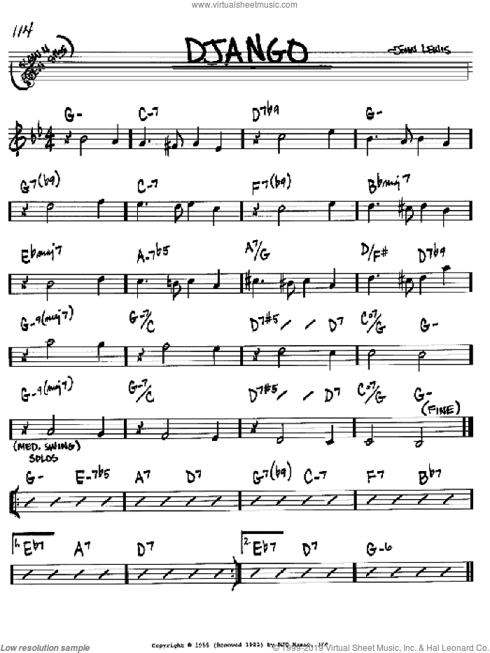 Django sheet music for voice and other instruments (in Bb) by John Lewis, intermediate skill level
