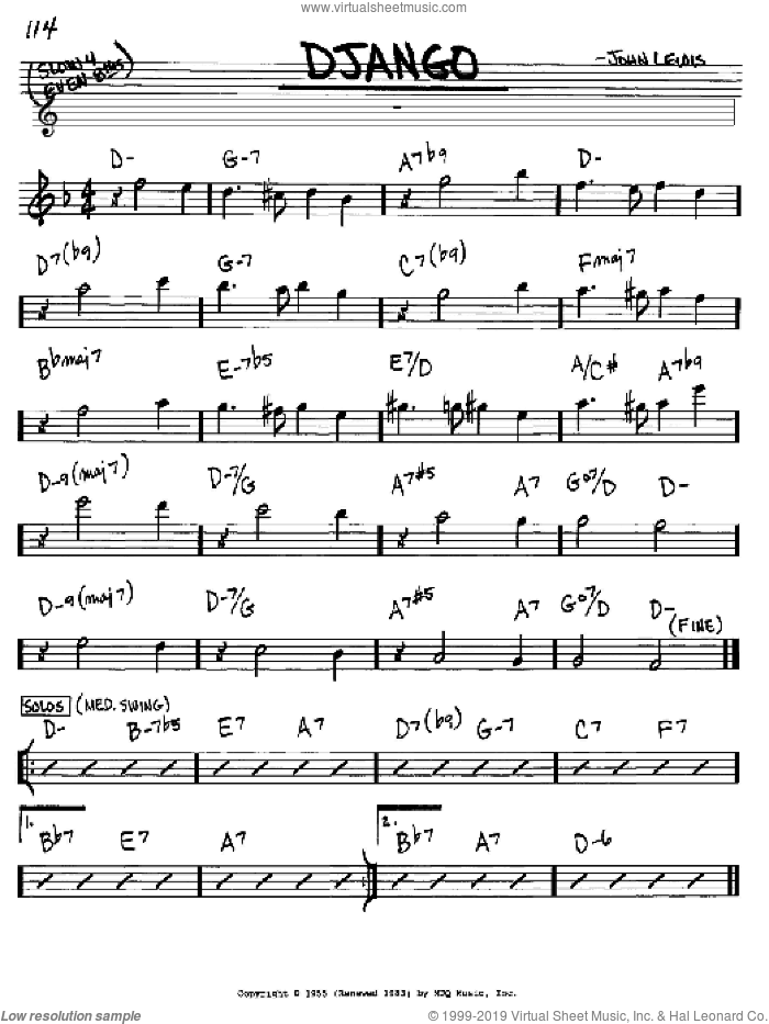 Django sheet music for voice and other instruments (in Eb) by John Lewis, intermediate skill level