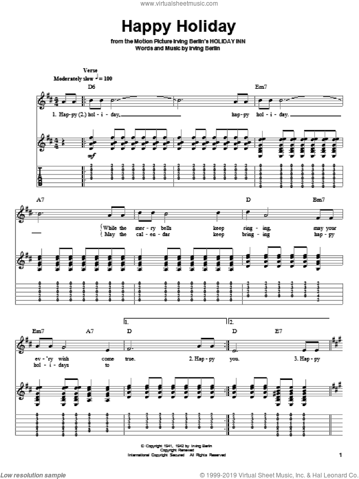 Happy Holiday sheet music for guitar (tablature, play-along) by Irving Berlin, intermediate skill level