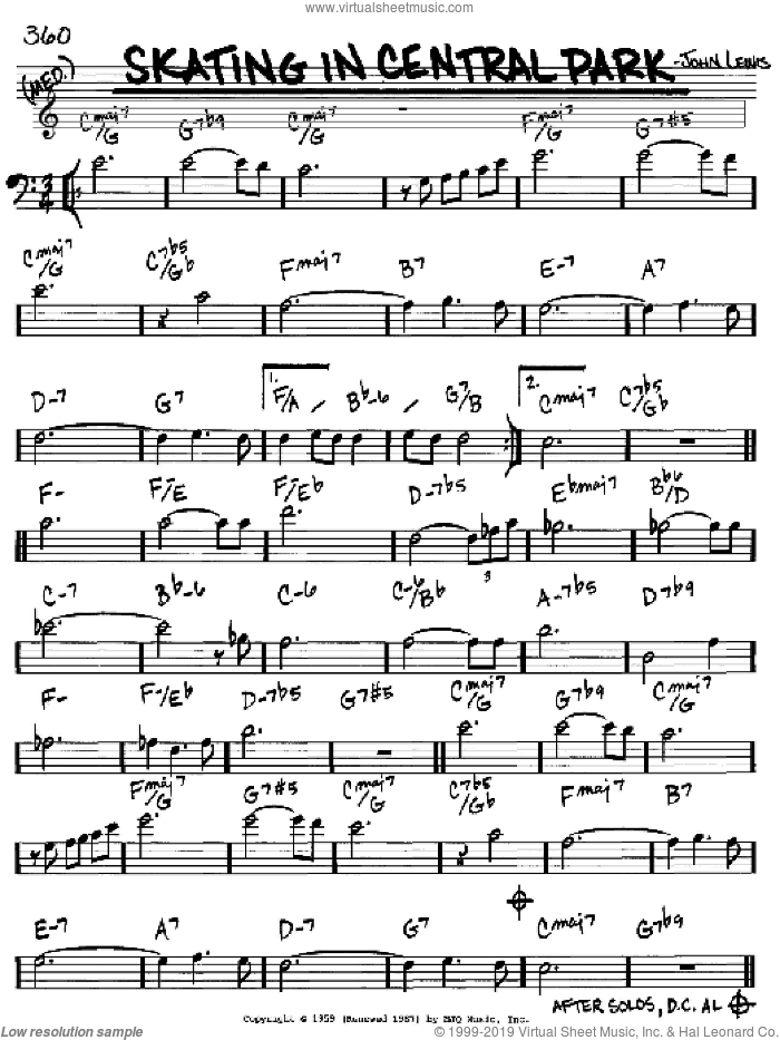Skating In Central Park sheet music for voice and other instruments (bass clef) by John Lewis, intermediate skill level